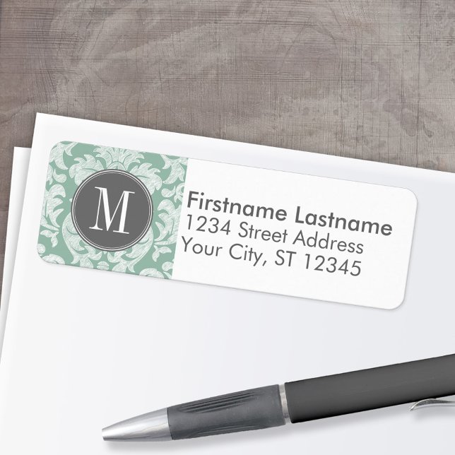 Étiquette Motif de Damas de la menthe et gris Monogramme per (Custom Return Address Labels - Low Minimum)