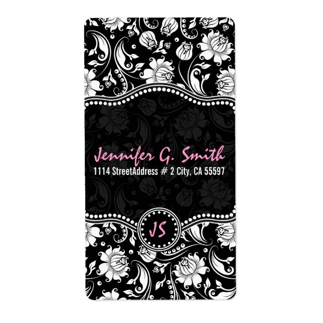 Étiquette Motif de Damas florales noir et blanc 2 (Devant)
