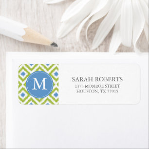 Étiquette Motif de l'Ikat bleu vert monogramme