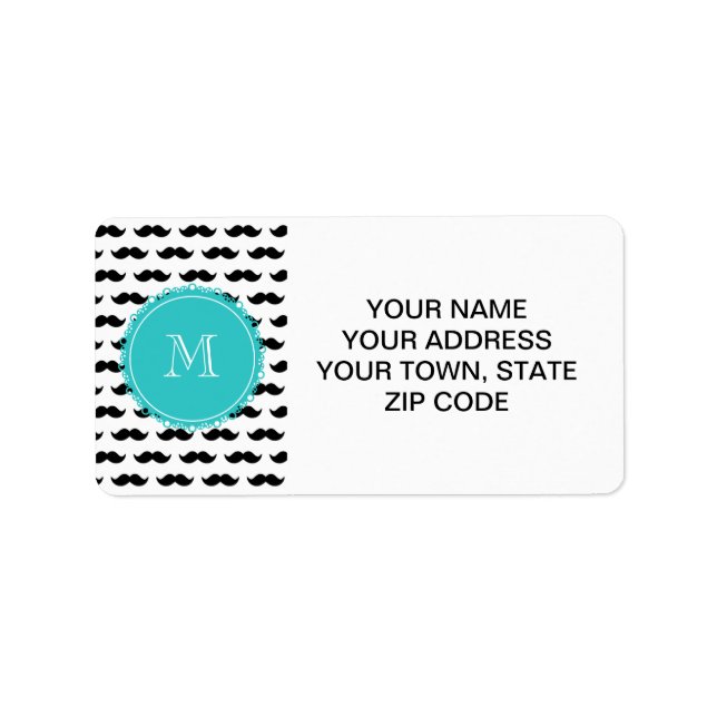 Étiquette Motif de moustache noire, Monogramme Turquoise (Devant)