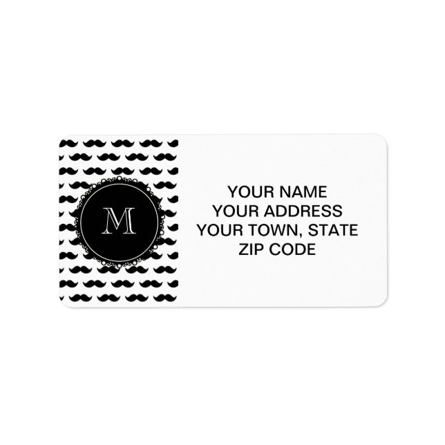 Étiquette Motif de moustache noire, votre monogramme (Devant)
