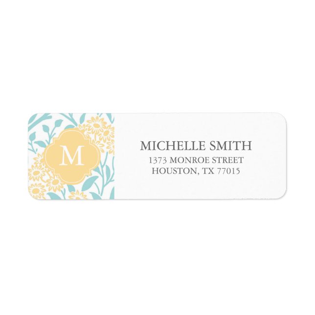 Étiquette Motif monogramme Aqua jaune Floral Damask (Devant)