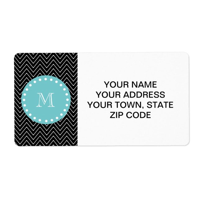 Étiquette Motif noir Chevron | Monogramme Turquoise (Devant)