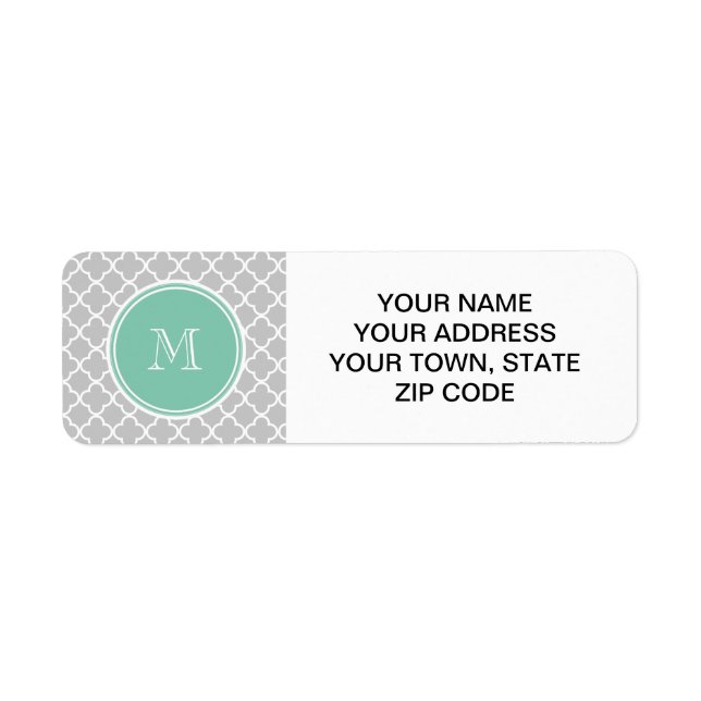 Étiquette Motif Quatrefoil Gris, Monogramme Vert Mint (Devant)
