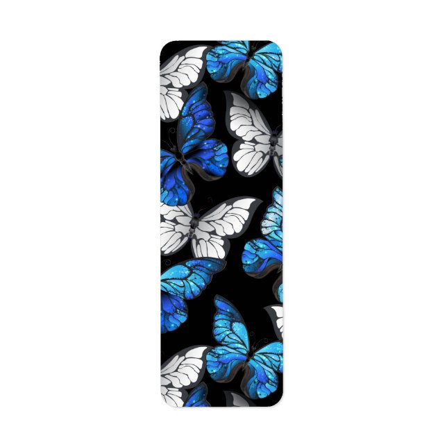 Étiquette Motif sans couture sombre avec Morpho papillons bl (Devant)