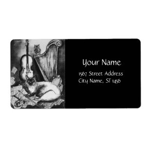 Étiquette MUSICAL CAT,OWL,VIOLIN,HARP Black White Grey Music