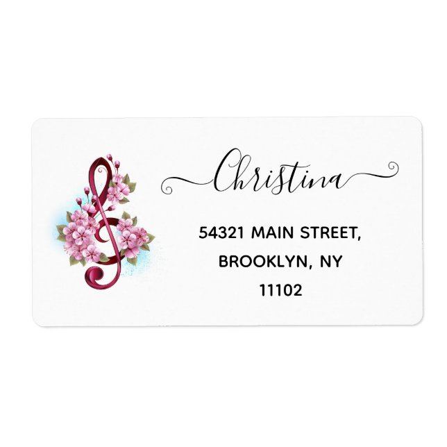 Étiquette Musical treble clef notes with Sakura flowers (Devant)