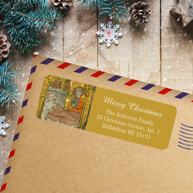 Étiquette Nativité de Noël Gold Medieval (Gold Medieval Manuscript Religious Christian Catholic Merry Christmas Nativity Scene Address Label)