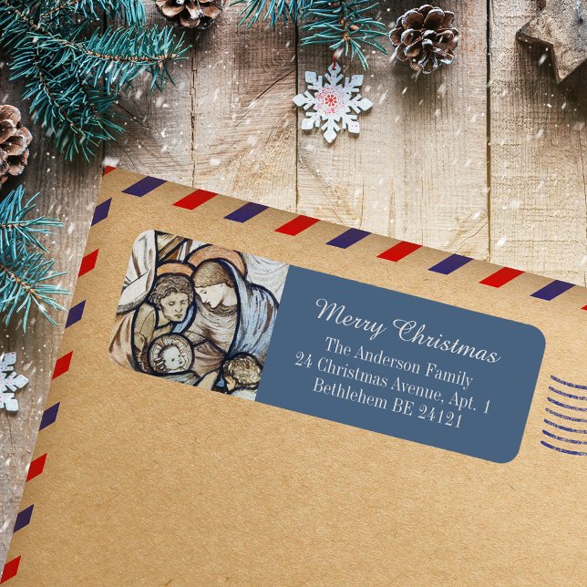 Étiquette Nativité de Noël Joyeux et Bleu Moderne (Modern Blue Religious Christian Catholic Merry Christmas Nativity Holiday Return Address Labels)