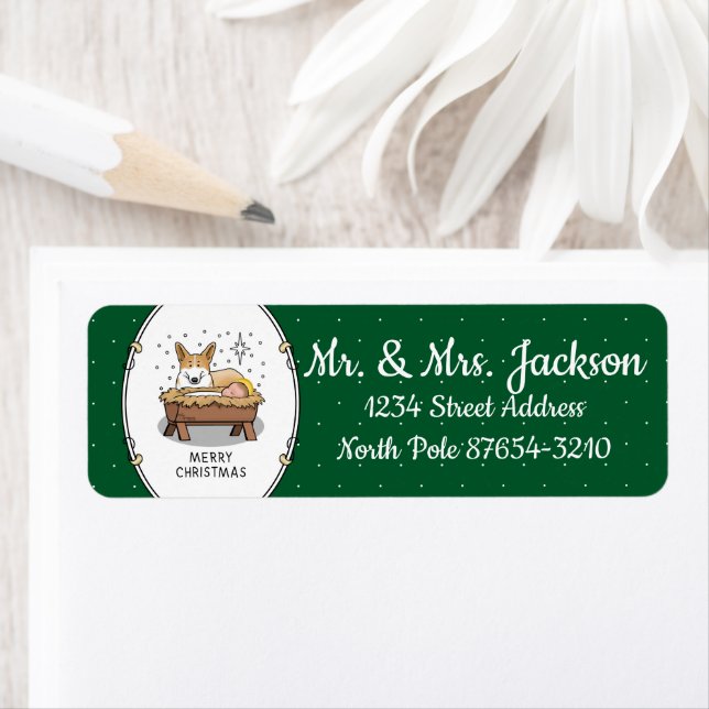 Étiquette Nativité de Noël Pembroke Welsh Corgi (rouge1) Amu (En situation)