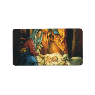 Étiquette Nativité de Noël Vintage, Baby Jesus in Manger