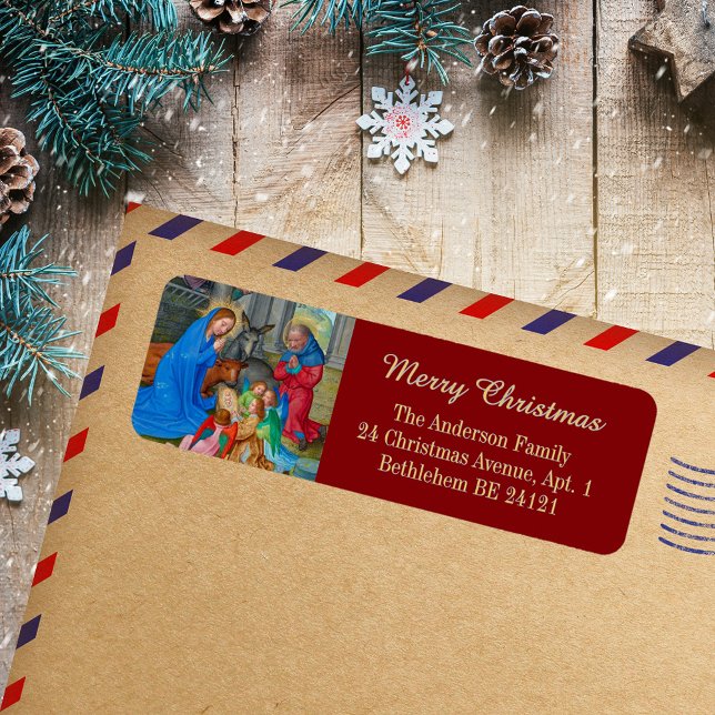 Étiquette Nativité religieuse de Noël chrétien médiéval (Religious Medieval Catholic Christian Christmas Nativity Scene Return Address Label)