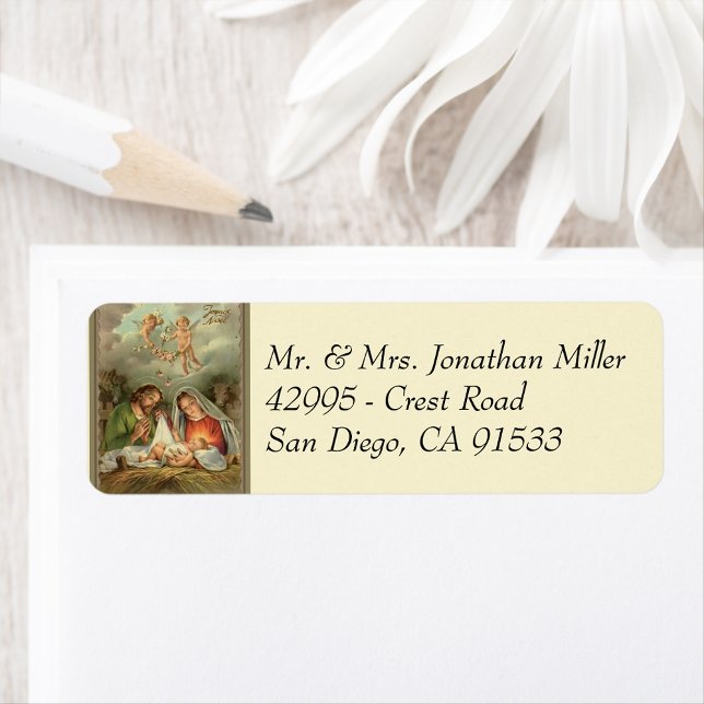 Étiquette Nativité religieuse de Noël Famille Sainte Jésus (Traditional Vintage Religious Christmas Nativity with Jesus, Mary, & Joseph )