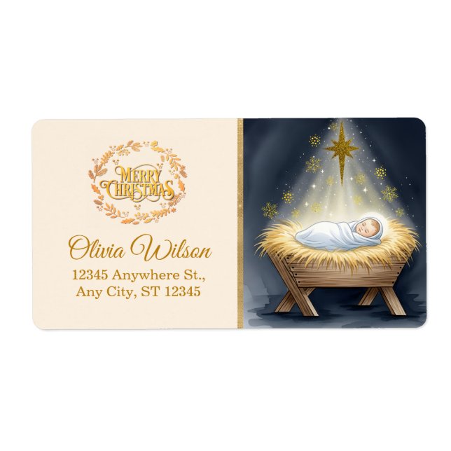 Étiquette Nativity Scene "Merry Christmas" (Devant)