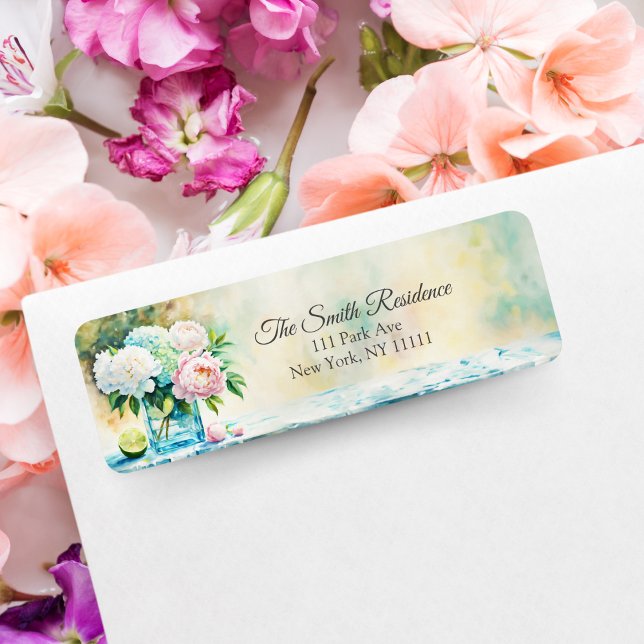 Étiquette Natures mortes aquarelles de pivoines et d'hortens (A lovely return address sticker for Hydrangea fans.)