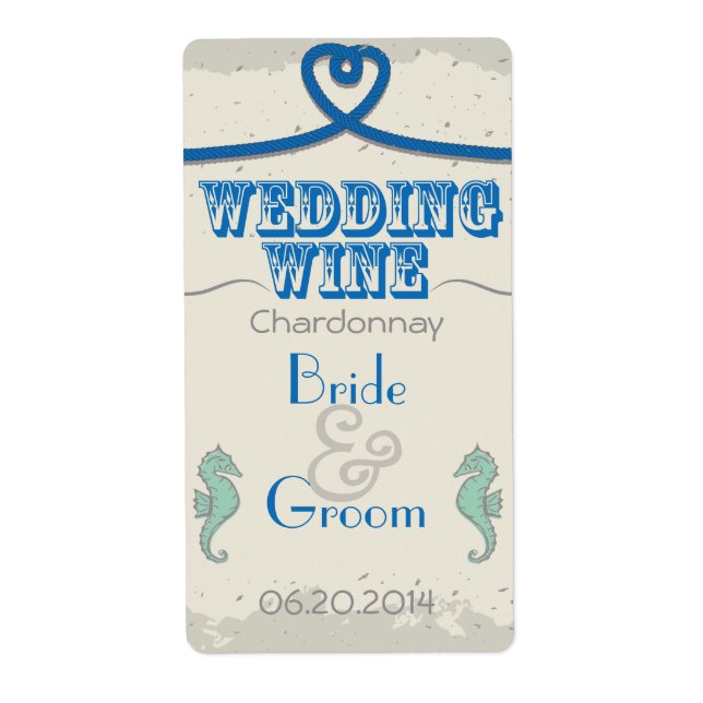 Étiquette Nautical Beach Blue Heart Knot Vin Mariage (Devant)