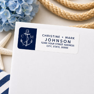 Étiquette Navy + Blanc Esquisse Naútica d'Ancre pour Couple