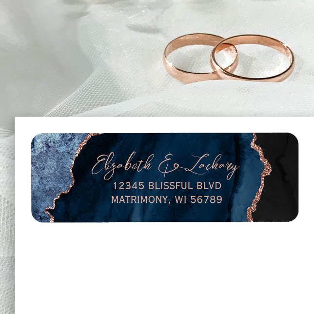 Étiquette Navy Blue Agate Rose Gold Wedding Return Address (Créateur téléchargé)