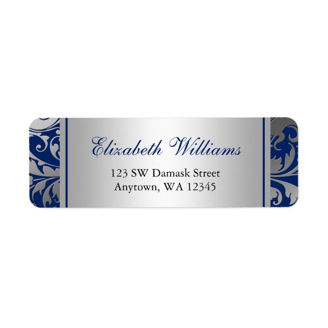 Étiquette Navy Blue and Silver Damask Swils Adresse de retou (Devant)