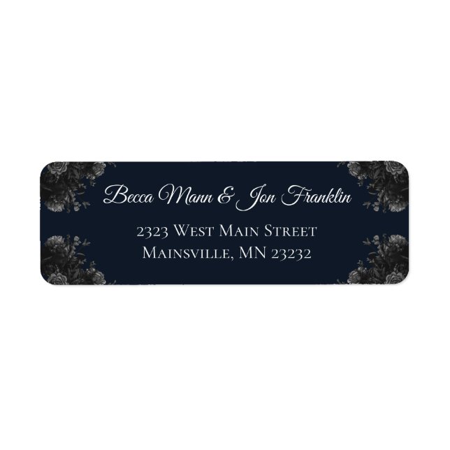 Étiquette Navy Blue Black Grey Roses Mariage Gothique (Devant)