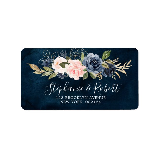 Étiquette Navy Blue Blush Rose Rose Rose rose Adresse botani (Devant)