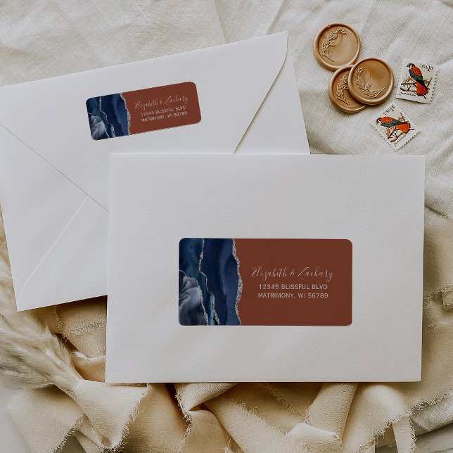 Étiquette Navy Blue Burnt Orange Mariage Adresse de retour (Créateur téléchargé)