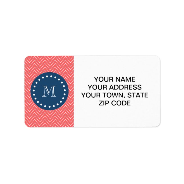 Étiquette Navy Blue, Coral Chevron Motif | Votre monogramme (Devant)