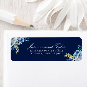 Étiquette Navy Blue Floral Élégant Mariage Retour Adresse :