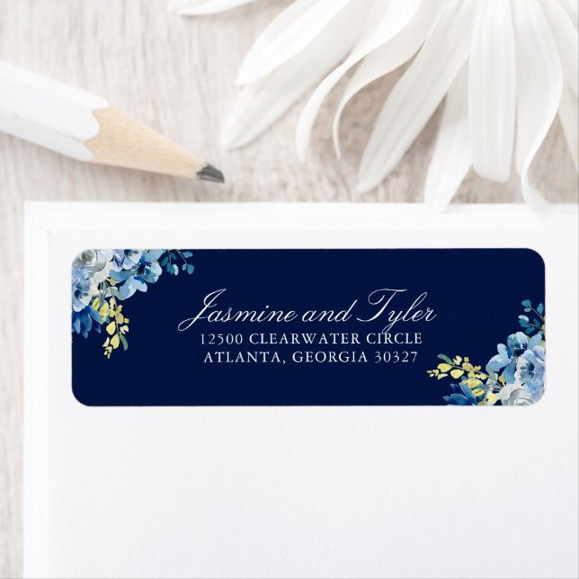 Étiquette Navy Blue Floral Elegant Wedding Adresse de retour (En situation)