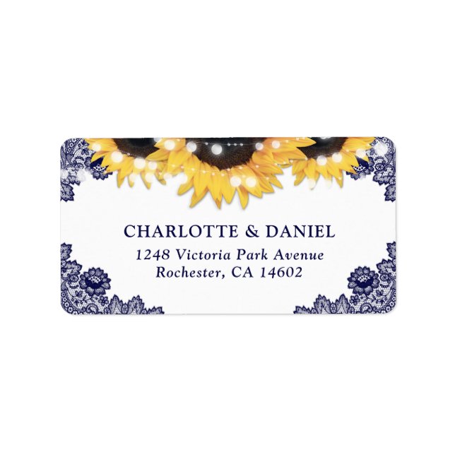 Étiquette Navy Blue Floral Lace Sunflower Wedding (Devant)
