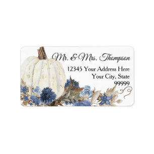Étiquette Navy Blue Floral White Pumpkin Return Address