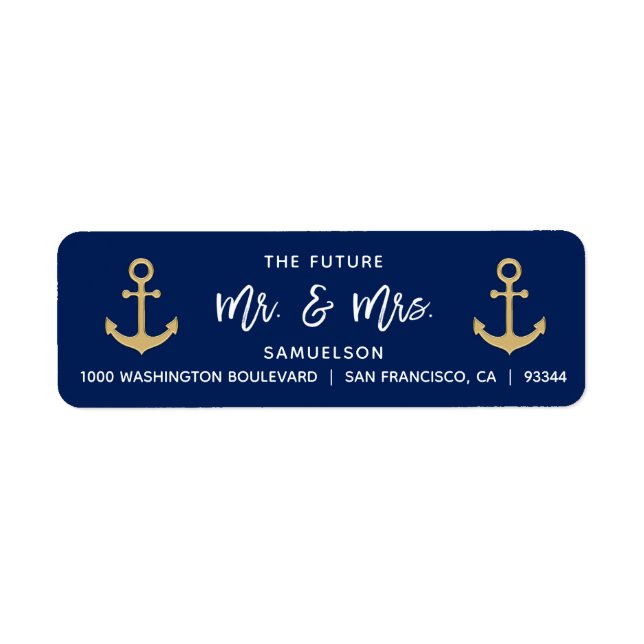 Étiquette Navy Blue Future M. & Mme Mariage Adresse de retou (Devant)