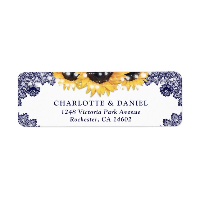 Étiquette Navy Blue Lace Rustic Sunflower Return Address (Devant)