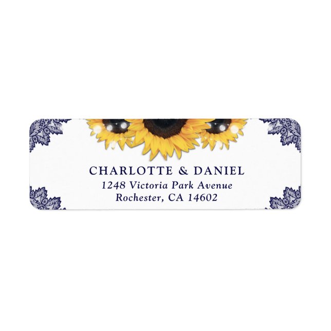Étiquette Navy Blue Lace Sunflower Return Address Wedding (Devant)