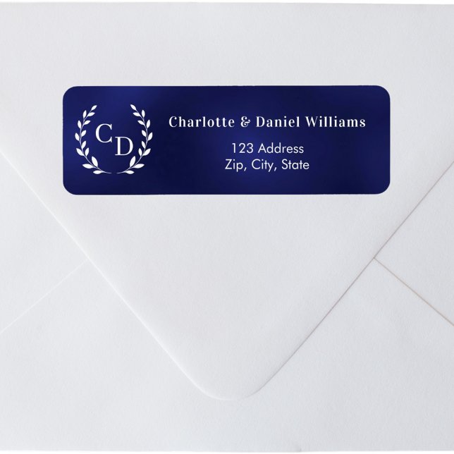 Étiquette Navy blue monogram initials wreath return address (Créateur téléchargé)