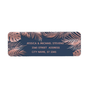 Étiquette Navy blue rose gold foil tropical leaves romantic