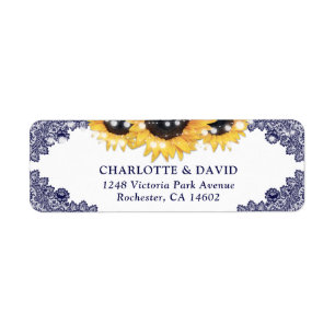 Étiquette Navy Blue Rustic Chic Sunflower Adresse de retour