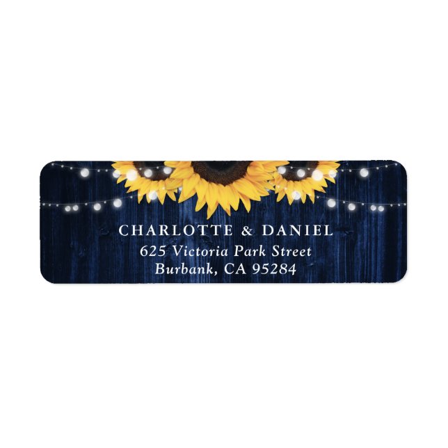 Étiquette Navy Blue Wood Sunflower Wedding Return Address (Devant)