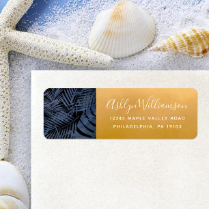 Étiquette Navy tropical palm leaf modern script gold address