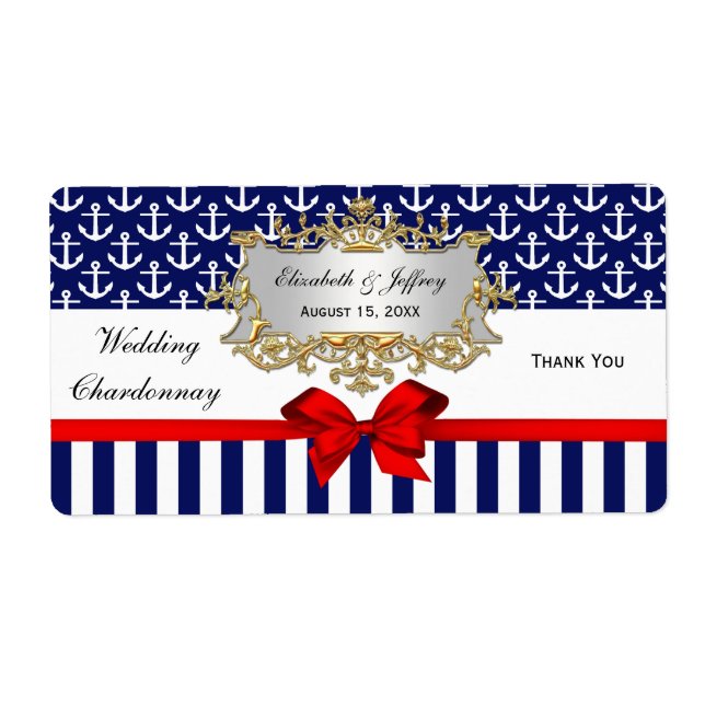 Étiquette Navy White Anchors Stripe Red Bow Party Wine Label (Devant)