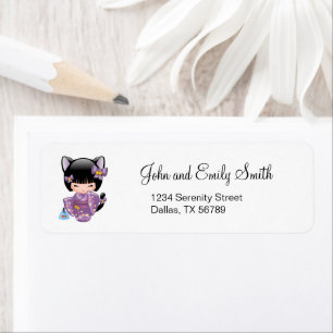 Étiquette Neko Kokeshi Poupée - Cat Ears Geisha Girl