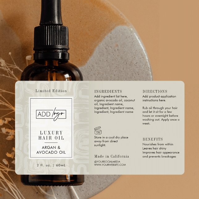 Étiquette Neutral Beige Boho Pattern Logo 2OZ Dropper Bottle (Elegant cream and white tones custom logo cosmetic bottle wrap around label design )