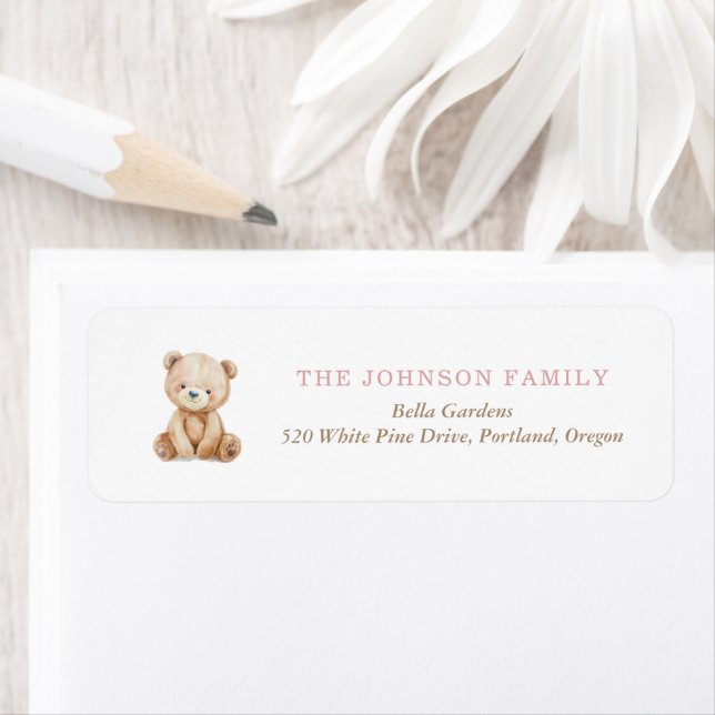 Étiquette Neutral Teddy Bear Baby Shower Return Address (En situation)