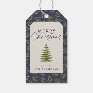 Étiquette Noël à l'aquarelle Pin Evergreen Bleu Nu