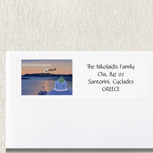 Étiquette Noël À Santorin, Grèce Avec Père Noël Retour (Créateur téléchargé)