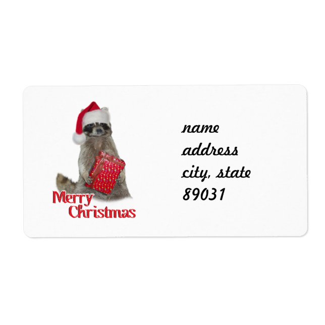 Étiquette Noël Bandit Raccoon avec présent (Devant)