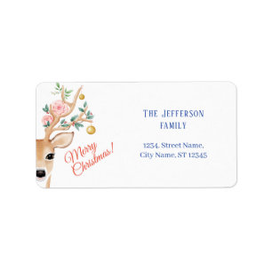 Étiquette Noël Cerf Antlers Aquarelle Holly Rose