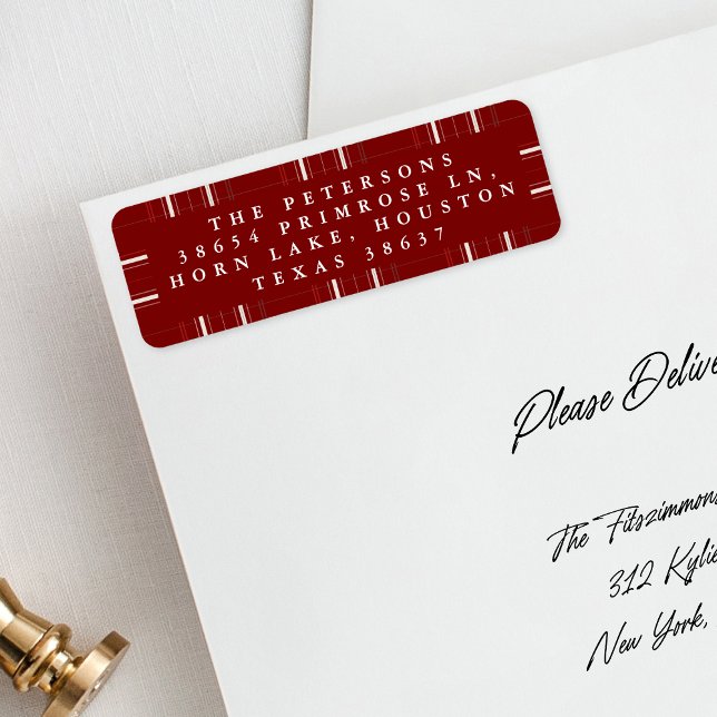 Étiquette Noël Cosy Plaid Traditionnel Cabine Profond Rouge (Créateur téléchargé)