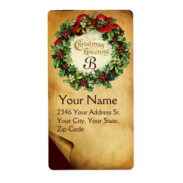 ÉTIQUETTE NOËL COURONNE AVEC MISTLETOES ET BERRIES SAINES (Devant)