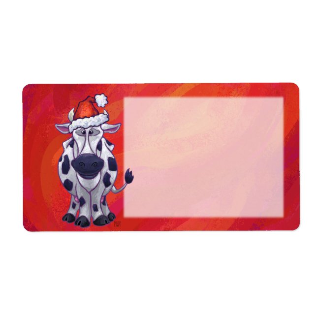 Étiquette Noël de vache sur rouge (Devant)